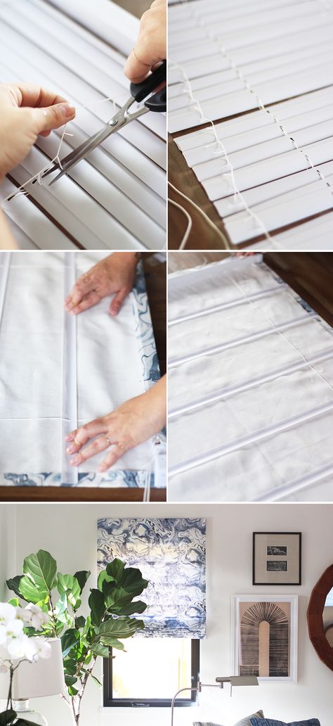 Easy to follow Roman Shades tutorial using vinyl mini blinds and Rebecca Atwood printed fabric. #DIY Roman Shade Tutorial, Vinyl Mini Blinds, Diy Roman Shades, Diy Window Treatments, No Sew Curtains, Outdoor Blinds, Antique Finds, Hemma Diy, Textil Design