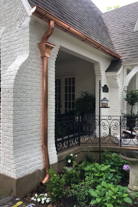 Copper Roof House, Copper Awning, Mountain Cabin Decor, Custom Awnings, Copper Gutters, Exterior House Remodel, Copper Roof, Brick Exterior House, Exterior Remodel