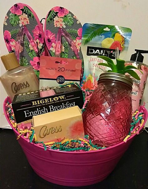 Flip Flop Gift Basket Ideas, Luau Gift Ideas, Summer Themed Raffle Basket, Tropical Gift Basket Ideas, Flamingo Gift Basket, Hawaiian Gift Basket Ideas, Tropical Gift Basket, Beach Gift Basket Ideas For Women, Tea Cup Gift Basket