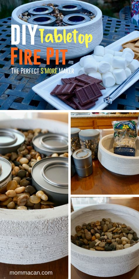 DIY Outdoor Tabletop Fire Pit - Toast Marshmallows and make awesome s'mores with this DIY Tabletop Fire Pit #firebowl #s'mores via @mommacan Diy Tabletop Fire Pit, Toast Marshmallows, Tabletop Fire Bowl, Diy Tabletop, Tabletop Fire Pit, Small Fire Pit, Tabletop Firepit, Fire Pit Furniture, Diy Outdoor Decor