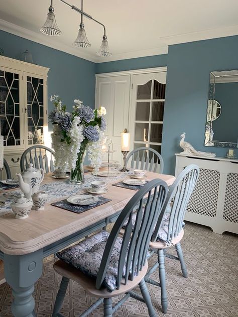 Laura Ashley Dining Room, Cornflower Blue Dining Room, Light Teal Dining Room, Ashley Furniture Dining Room, Blue Kitchen Tables, Ashley Dining Room, Ashley Furniture Dining, Dining Room Teal, Black Dining Room Chairs