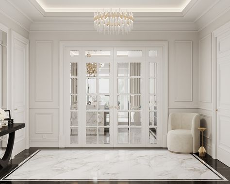 Modern Classic Foyer, Foyer Design Luxury, Bedroom Tiles Design, Neo Classic Living Room, Classic Foyer, House Dubai, Classic Entrance, Classic Hall, Entrance Foyer Design