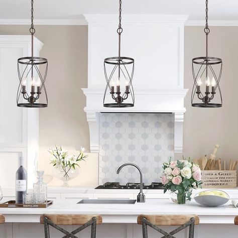 Modern Farmhouse Cage Pendant Chandelier Island Lights for Dining Room - W 9.1"x H 24.4" - On Sale - Bed Bath & Beyond - 32911309 Farmhouse Kitchen Pendant Lights, Modern Metal Kitchen, Kitchen Island Pendant Lights, Shabby Chic Chandelier, Lights Over Kitchen Island, Lights For Dining Room, Lantern Pendant Lighting, Rustic Pendant Lighting, Kitchen Island Pendant