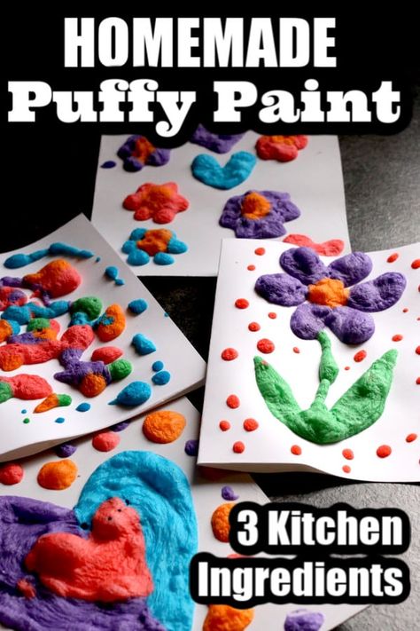 Make your own puffy paint with 3 kitchen ingredients. You put it your microwave and it puffs right up! #HappyHooligans #Kids #Art #Activities #Toddlers #Preschoolers #Crafts #Homemade #Paint Preschoolers Crafts, Kids Art Activities, Arts And Crafts For Kids Toddlers, Homemade Puffy Paint, Crafts Homemade, Homemade Paint, Kitchen Ingredients, Toddler Arts And Crafts