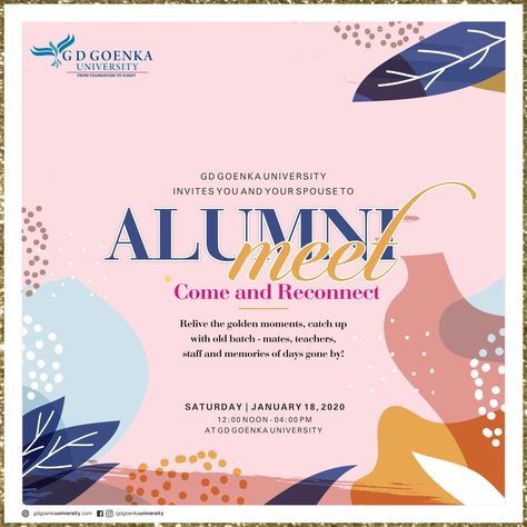 We have a great pleasure to inform & invite our #Alumni to celebrate the "Alumni Meet" on 18th January 2020.  #WelcomeBack #LifeAtGDGU #Foundationtoflight #GDGoenka #GDGoenkafamily #GDGoenkauniversity #GDGU #Alumnimeet #Homecoming #WelcomeHome2020 #GDGUAlumni Alumni Banner Design, Alumni Meet Decoration, Alumni Meet Poster, Alumni Event Ideas, Alumni Homecoming, Alumni Events, Wedding Ceremony Decorations Outdoor, Best Universities, Reunion Invitations