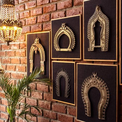 Inspired by the temples of the south, hand-crafted with delicately engraved motifs in brass, these Prabhavali frames are exquisite art for wall. Create an enchanting look for your wall with this extremely elegant decor. Shop it on our website. #tpt #wallart #walldecor #wallhanging #statementdecor #prabhavali #traditionalart #vintage #homedecor #brassdecor Wall Decor Indian, Brass Wall Art, Design Tips And Tricks, Indian Wall Decor, Indian Room Decor, Fabric Wall Decor, Wall Painting Ideas, Antique Wall Decor, India Home Decor