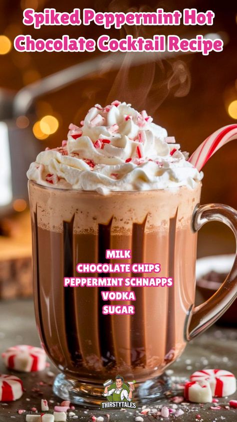 "Indulge in the ultimate winter treat with this Spiked Peppermint Hot Chocolate Cocktail Recipe! Perfect for cozy nights, this delicious drink combines rich cocoa with a splash of Peppermint Schnapps and Whipped Vodka for a festive twist. Top it off with fluffy whipped cream for the perfect finishing touch. Discover more Chocolate Cocktail Recipes and elevate your holiday gatherings with this irresistible Hot Chocolate Cocktail!" Hot Winter Cocktails, Vodka Hot Chocolate, Chocolate Cocktail Recipes, Spiked Hot Chocolate Recipe, Peppermint Cocktail, Peppermint Hot Chocolate Recipe, Chocolate Drink Recipes, Peppermint Vodka, Hot Chocolate Cocktail