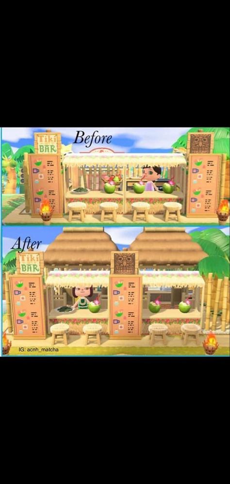 Acnh Tiki Bar Ideas, Acnh Beachside Cafe, Animal Crossing Tiki Bar Ideas, Acnh Tropical Resort, Acnh Tiki Bar Design Code, Acnh Resort Ideas, Acnh Tiki Bar Design, Animal Crossing Beach Bar, Acnh Juice Bar