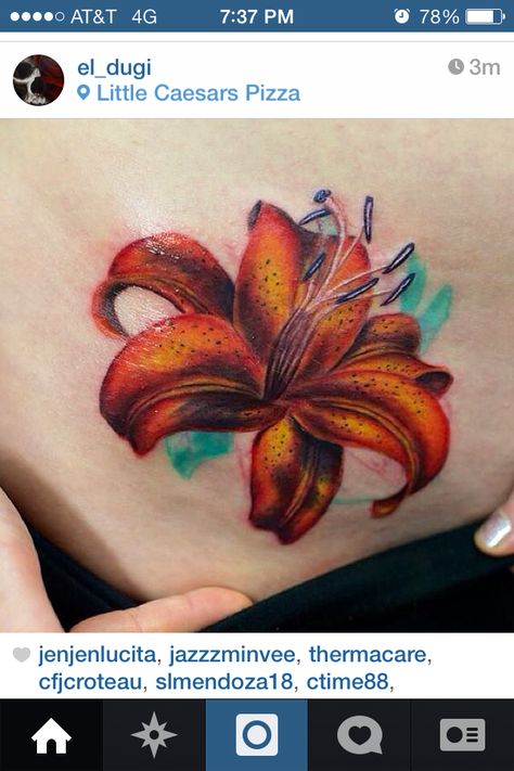 Lily Red Lily Tattoo, Kim Saigh, Tiger Lily Tattoo, Wrist Tats, Lilly Flower Tattoo, Tropical Flower Tattoos, Sam Tattoo, Tiger Lily Tattoos, Lily Tattoos