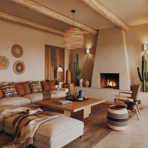 Southwestern-Style House 💖💖💖 Santa Fe Adobe Homes, Southwestern Living Room Santa Fe Style, Desert Luxe Home, Southwestern Modern Living Room, Southwestern Design Interiors, Santa Fe New Mexico Homes, Sedona Interior Design, New Mexico Home Interior, Southwestern Midcentury Modern