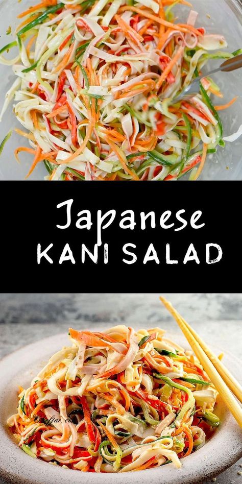 Dinner Recipes Japanese, Japanese Kani Salad, Spicy Kani Salad Recipe, Kani Salad, Recipes Japanese, Cibo Asiatico, Resep Salad, Meat Salad, Cold Salad