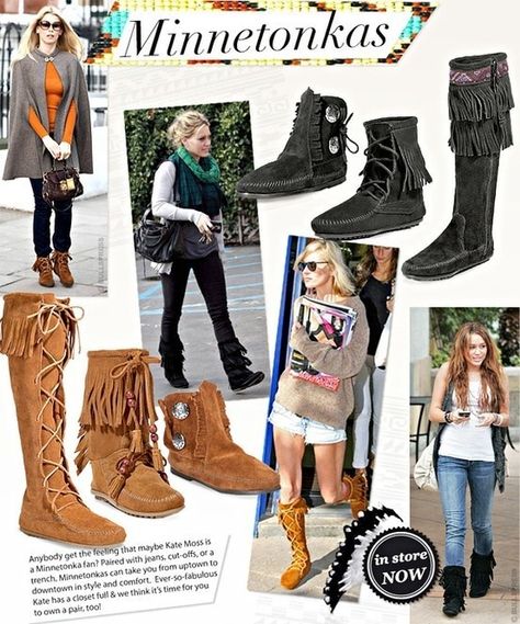 Minnetonka The black one's Minnetonka Boots Outfit, Moccasins Outfit, Minnetonka Boots, Celebrity Style Guide, Minnetonka Moccasins, Lovely Fashion, Moccasin Boots, Fringe Boots, Shoes And Boots