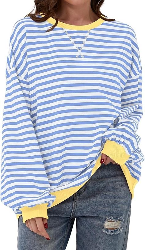 TERIVEEK Women Oversized Striped Color Block Long Sleeve Crew Neck Sweatshirt Casual Loose Pullover Y2K Shirt Top, Blue White, Medium : Amazon.co.uk: Fashion Trendy Stuff, Dirndl Outfit, Casual Pullover Sweater, Striped Sweatshirt, Oversize Pullover, Bandeau Tops, Skirts Jeans, Jeans Cargo, Mini Robes