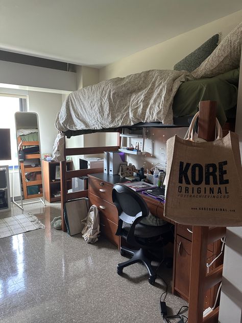 Ball State University Dorm, Green And Brown Dorm Room, Brown University Dorm, Kpop Dorm Room, University Dorm Aesthetic, Brown University Aesthetic, White Aesthetic Kpop, University Dorm Room Decor, University Dorm Room