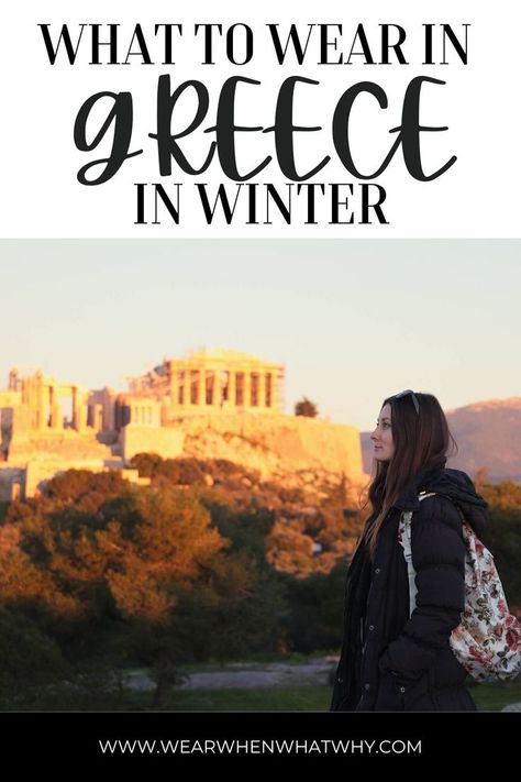 Woman in winter clothes with acropolis in Athens Greece in the background Santorini In November, Greece In December, Snow In Greece, Greece In Winter, What To Pack For Greece, Pack For Greece, What To Wear In Greece, Dressing For Winter, Greece Travel Outfits