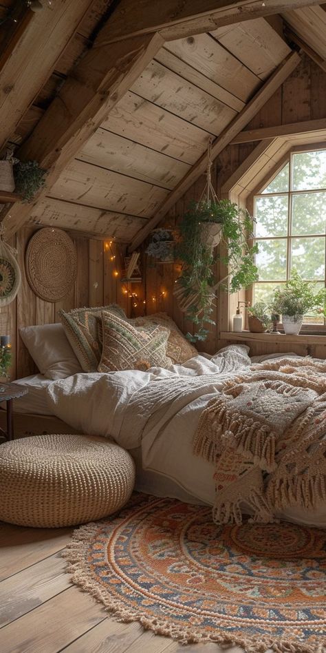 Cute Rustic Bedroom Ideas, Cozy House Bedroom, Bohemian Room Ideas, Small Cabin Bedroom, Bohemian Cabin, Bohemian Style Home, Boho Bed, Soothing Bedroom, Earthy Bedroom