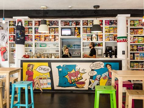 Pop Cereal Café Cereal Cafe, Indian Cafe, Gaming Lounge, Cereal Brands, Cereal Bar, Snack Shop, Class Theme, Popcorn Bar, Cereal Bars