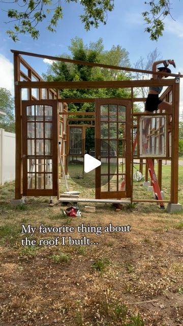 Lily & Rose on Instagram: "The roof was the thing I was most nervous to build for my greenhouse. I chose a lean to roof style because watching YouTube videos on tresses made my head hurt. But I love how it turned out ☺️

Bonus: we had a rainstorm and it’s actually leak proof!

#lilyandrose #sharejoy #greenhouse #diygreenhouse #backyardgarden #leanto #diy #homedepot #flowerfarmer #twinklelights" Leanto Greenhouse Ideas, Diy Greenhouse With Old Windows, Slant Roof Greenhouse, Diy Lean To Greenhouse, Diy Greenhouse Cheap, Greenhouse Roof, Simple Greenhouse, Lean To Roof, Lean To Greenhouse