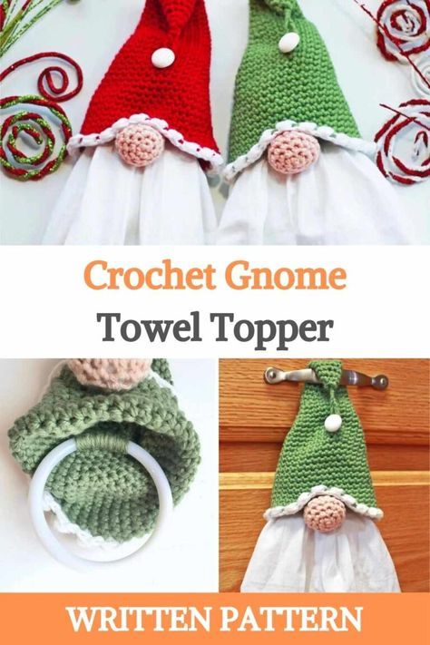 If you love gnomes as much as we do, you'll love how simple, easy, and fun it is to make this gnome towel topper! Perfect for gifts or to decorate your own kitchen/bathroom, this pattern can be made for Christmas or any time of the year, just change a bit the colors. This crochet project is made with cotton thread to define the stitches, but you may like acrylic more as it tends to be much more color-resistant than cotton. The best part about this: the towel is removable for easy washing. ... Crochet Gnome Potholder, Gnome Crochet Towel Topper, Christmas Crochet Kitchen Towels, Gnome Towel Hangers, Crochet Gnome Towel Holder Free Pattern, Crochet Gnome Towel Holder, Crochet Christmas Kitchen Patterns, Gnome Kitchen Towels, Gnome Kitchen Towel Holder