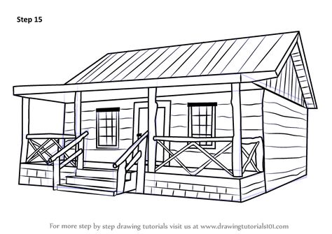 Learn How to Draw a Wood Cabin (Houses) Step by Step : Drawing Tutorials Easy Cabin Drawing, Old House Drawing Easy, Cabin House Drawing, Cabin Drawing, Houses Drawing, Cabin Houses, Wood Cabin, Hut House, Architecture Drawing Sketchbooks