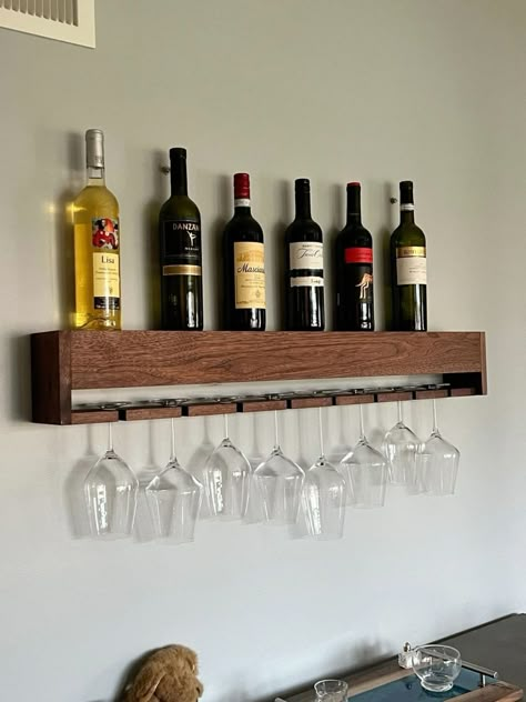 Wine Glass Shelf Ideas, Wine Shelf Kitchen, Plain Kitchen Wall Ideas, Wine Shelf Ideas, Wine Organization, Wine Glass Shelf, Walnut Floating Shelves, Wine Shelf, Shelf Stand