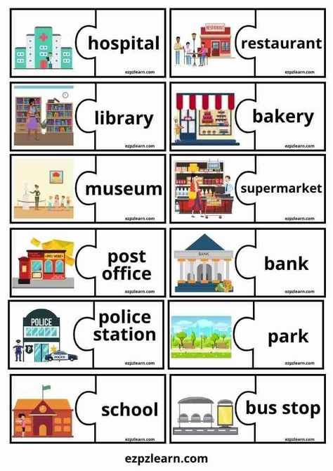 English Puzzles Worksheets, City Activities For Kids, English For Kids Games, Games For Learning English, English Class Activities, Esl Activities For Kids, Esl For Kids, Matching Games For Kids, English Puzzles