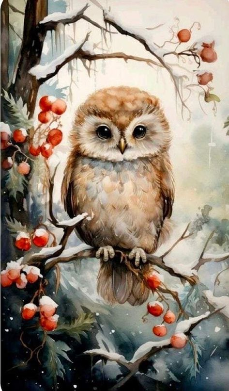 Animated Christmas Pictures, Watercolor House Painting, Woodland Animal Art, Owls Drawing, Owl Pictures, Bird Artwork, Owl Painting, Dessin Adorable, Owl Art