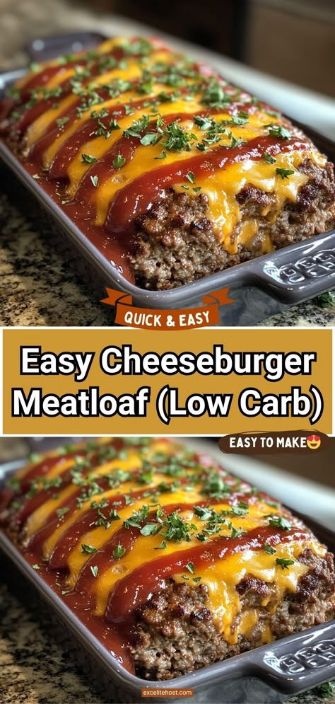 This is a really simple and delicious Cheeseburger Meatloaf that will not take you much time to cook. Simple Meatloaf Recipes, Low Calorie Meatloaf, Bison Meatloaf Recipe, Low Carb Hamburger Recipes, Meatloaf Sides, Meatloaf Recipe With Cheese, Cheeseburger Meatloaf Recipes, Low Carb Cheeseburger Casserole, Bacon Cheeseburger Meatloaf