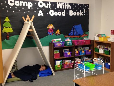 Camping theme reading center Camping Reading Corner, Moving Library, Library Balcony, Camp Read, Reading Night, Reading Center, Camping Theme Classroom, Library Quotes, Camp Theme