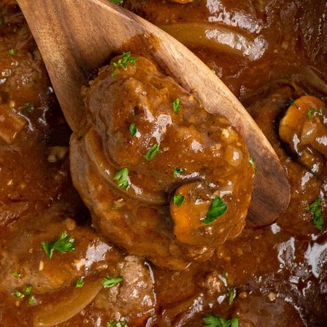 Slow Cooker Salisbury Steak Crockpot Steak Recipes, Salisbury Steak Crockpot, Mushroom Steak, Crock Pot Beef Tips, Crock Meals, Slow Cooker Salisbury Steak, Crockpot Steak, Beef Tips And Gravy, Beef Meals