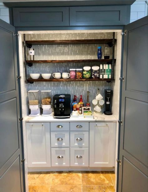 coffee bar Coffee Bar In Pantry Closet, Closet Coffee Bar, Barn Houses, Pantry Wall, Coffee Bars In Kitchen, Pantry Closet, Pantry Ideas, Hall Closet, Closet Kitchen