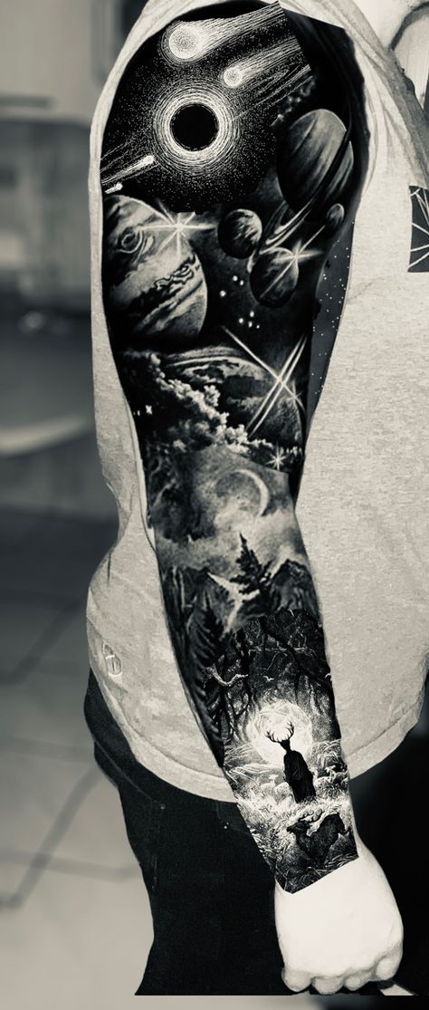 Tattoo Sleeve Galaxy, Black Space Tattoo Cover Up, Space Chest Tattoo Men, Galaxy Sleeve Tattoo For Men, Space Black And Grey Tattoo, Luminous Beings Are We Tattoo, Universe Arm Tattoo, Galaxy Tattoos Men, Black And Gray Galaxy Tattoo