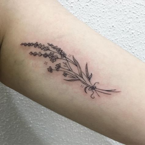 Forearm Lavender Tattoo, Lavender Tattoo Design Black And White, Lavender Hip Tattoo, Lavender Bundle Tattoo, Simple Lavender Tattoo, Lavender Plant Tattoo, Lavender Sprigs Tattoo, Small Lavender Tattoo, Minimalist Tattoo Placement