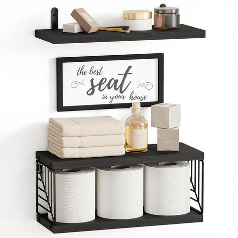 PRICES MAY VARY. [Bathroom Wall Decor Set] Fixwal's bathroom shelf dividers set includes a bathroom floating shelf, a wall bathroom sign, and a wooden basket that can be used to store toilet paper. In addition to the organizing function, it can also be used to decorate your bathroom to add rustic country modern style. [Sturdy & Easy to Assemble] Fixwal's floating shelves are made of sturdy, handcrafted solid wood that will provide you with years of safe use. The metal shelves are made of forged Emo Bathroom Decor, Decor Over Toilet, Modern Rustic Bathroom Ideas, Behind Toilet Decor, Bathroom Floating Shelves, Pictures For Wall, Gold Bathroom Decor, Black And Gold Bathroom, Basket Bathroom