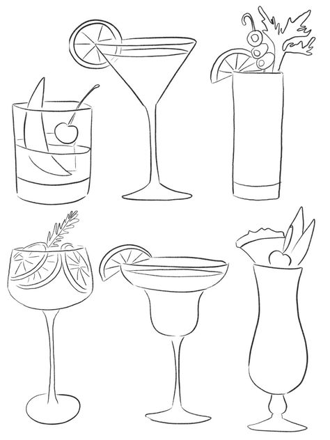 Drawings Of Cocktails, Cocktail Outline Drawing, Cocktail Fine Line Tattoo, Drink Sketch Drawings, Cocktail Sketch Art, Cocktail Coloring Pages, How To Draw Cocktails, Cocktail Glasses Drawing, Cocktail Doodle Easy