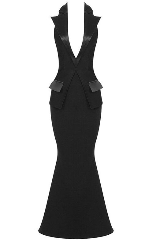 With a tuxedo-inspired vibe, this maxi dress is perfect for any formal celebration. The Tip The Scales gown features a sleeveless, backless bodice with a split waist, a plunge V-neckline, a halter strap around the neck, and satin lapels. The full length mermaid skirt adds a dramatic, feminine touch. Hand wash cold Leng Fishtail Dress, Low Neckline, Spandex Dress, Mermaid Skirt, Glam Looks, Necklines For Dresses, Black Sleeveless, Bandage Dress, Club Dresses