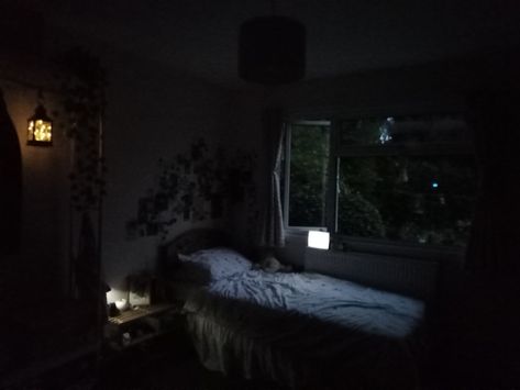 Messy Bedroom Aesthetic Dark, Liminal Bedroom, Night Room Aesthetic, Nighttime Bedroom, Room Inspo Dark, Gothic Room Aesthetic, Dark Aesthetic Room, Dark Room Aesthetic, Bedroom Aesthetic Dark