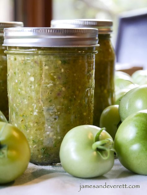 Green Tomato Salsa ~ Salsa Verde – James & Everett Green Tomato Salsa Canning, Green Tomatoes Canning, Spicy Green Salsa, Salsa Verde Canning Recipe, Tomato Salsa Canning, Salsa For Canning, Canning Green Tomatoes, Green Salsa Verde, Green Tomato Salsa