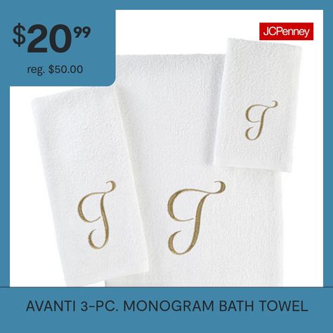 The Avanti monogram towel set featuring gold metallic script letter over an incredibly soft white towel, will add a personal touch to your bathroom. Great holiday gift items. This program is available in select letters.# Pieces In Set: 3Included: 1 11x18 Inch Fingertip Towel(s), 1 27x52 Inch Bath Towel(s), 1 16x28 Inch Hand Towel(s)Measurements: 52 Length/Inches, 27 Width/InchesBase Material: 100% CottonCare: Machine Wash, Tumble DryDecor Styles: Casual, TraditionalFabric Weight: Midweight (450… Monogrammed Bath Towels, Monogram Towels, Towel Sets, Fingertip Towels, Script Lettering, Bath Towel Sets, Gift Items, Soft White, Hand Towel