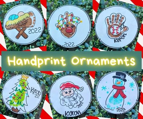 Handprint Pottery, Hand Print Ornament, Snowman Handprint Ornament, Handprint Wreath, School Ornaments, Newborn Crafts, Handprint Christmas Cards, Class Crafts, Christmas Handprint Crafts