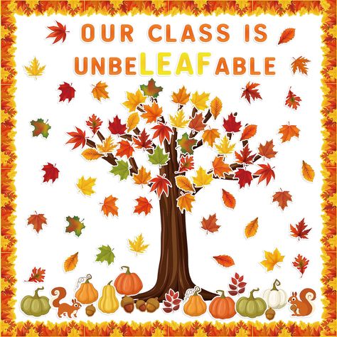 PRICES MAY VARY. Package Included: You will receive 22pcs “OUR CLASS IS UNBELEAFABLE” letter cards, 16pcs tree cards, 60pcs fall leaves pattern cards in 3 designs, 11pcs different fall element design pattern cards, 30pcs border trim and 10 sheets of glue points. The quantity is sufficient for you to decorate your classroom and fall party. Fall Tree Design: Our bulletin board set design as fall tree, with the letter of "OUR CLASS IS UNBELEAFABLE" and autumn element patterns like fall leaves, acor Fall Tree Decorations Classroom, Fall Leaf Bulletin Board, Elementary Fall Bulletin Boards, Fall Themes For School, Be Leaf In Yourself Bulletin Board, Woodland Bulletin Board Ideas, Fall Tree Bulletin Board Ideas, Fall Themed Bulletin Boards For School, Autumn Board Ideas