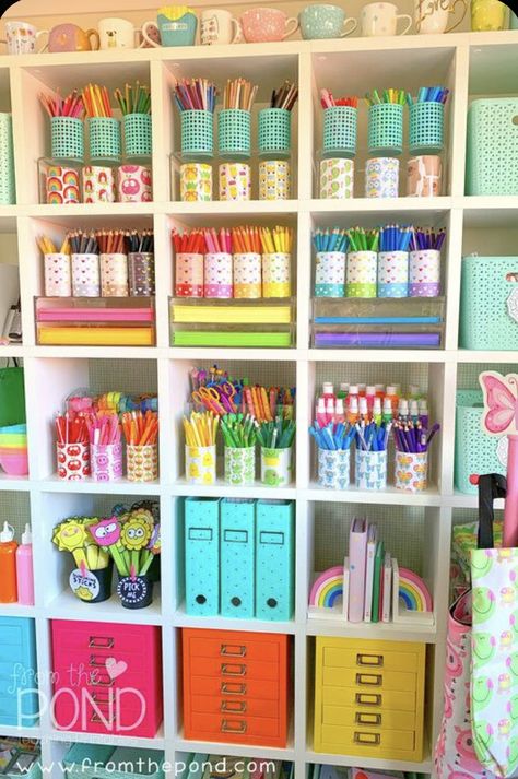 Ikea Desk In Front Of Window, Rainbow Craft Room, Shop Decoration Ideas, Skills For Kindergarten, Dream Art Room, Stationery Store Design, Craft Shed, Stationary Organization, Craft Storage Organization