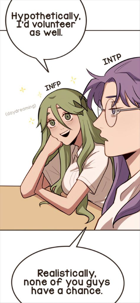 Thank ya'll so much for 3k followers!  -  MBTI art (infp, esfj, enfp, intp, estp)  -  Credit: @prollycarmen , webtoon: "Absolutely Incorrect MBTI" Incorrect Mbti, Enfp Intp, Intp Relationships, Infp T Personality, Infp Relationships, Enfp Relationships, Enfp Personality, Enneagram 4, Enfp T