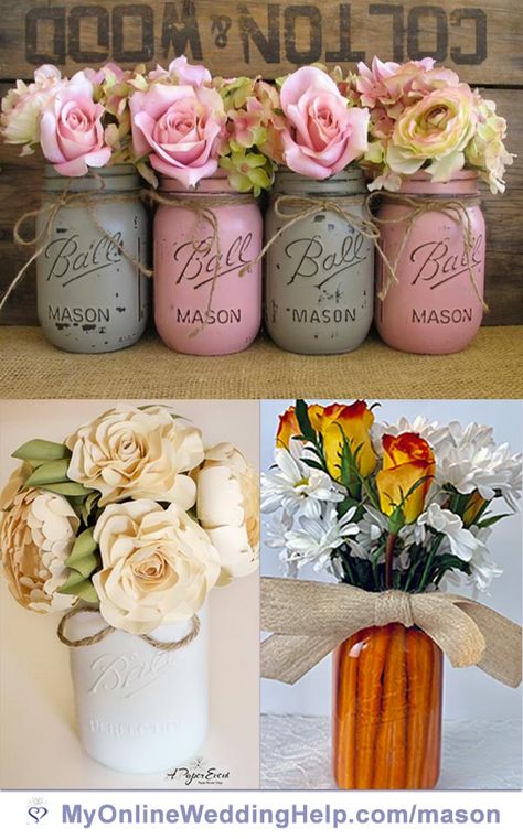 Simple ideas for mason jar centerpieces with flowers. Great for weddings or other events. Learn more about how to make the bottom right one with carrots (Easter or spring?) And where to purchase the painted jars. Plus the paper flowers at bottom right. On the My Online Wedding Help blog. #MasonJarWedding #SpringWedding #WeddingCenterpieces Painted Mason Jars With Flowers, Centerpieces With Flowers, Jar Arrangements, Pots Painting, Centerpieces Simple, Mason Jar Flower Arrangements, Mason Jar Sizes, Carrots Easter, Wedding Jars