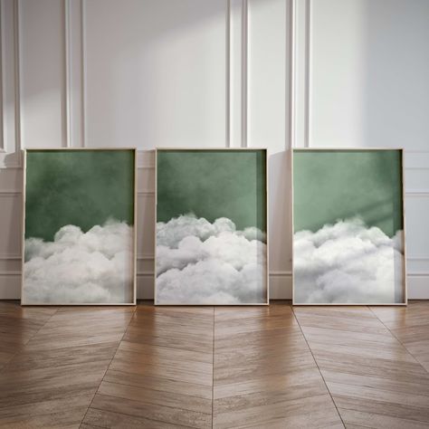 Bedroom Wall Art Over the Bed, Cloud Art, Set of 3 Prints, Above Bed Decor, Sage Green Decor, Bedroom Wall Decor, Neutral Wall Art, White - Etsy Big Painting Living Room, Boston Bedroom, Green Textured Background, Bedroom Wall Art Ideas, Rustic Bedrooms, Therapy Rooms, Artwork For Bedroom, Cloud Artwork, Cloud Wall Art