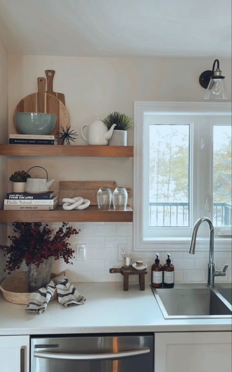 Open Shelving In The Kitchen Minimalist, Add Open Shelving To Kitchen, 2 Floating Shelves Kitchen, Small Open Kitchen Shelves, Kitchen Shelf Decoration, Shelf’s In Kitchen, Floating Shelves Around Kitchen Window, Wood Shelf In Kitchen, Floating Shelf Styling Kitchen