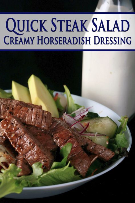 A bowl of steak salad, with a bottle of creamy horseradish dressing behind it. Steak Salad Dressing, Horseradish Dressing, Main Dish Salad Recipes, Creamy Horseradish, Steak Salad Recipe, Grilled Steak Salad, My Keto, Fresh Salad Recipes, Steak Salad