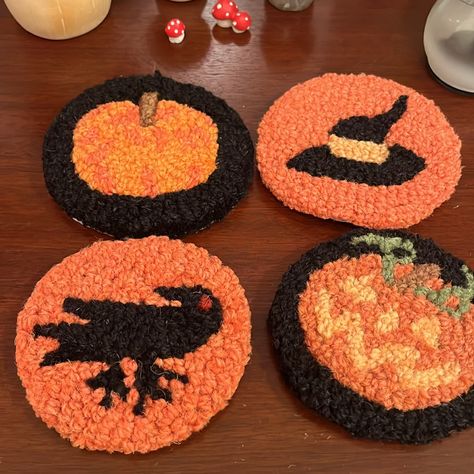 From The Sundance Catalog. Nwt. Hooked Wool Coasters With A Witches Hat, Pumpkin, Crow And Jack O Lantern. 4.5” Dia Each Halloween Coasters, Sundance Resort, Wool Coasters, Witches Hat, Hooked Wool, Sundance Film Festival, Sundance Catalog, Car Coasters, Craft Diy