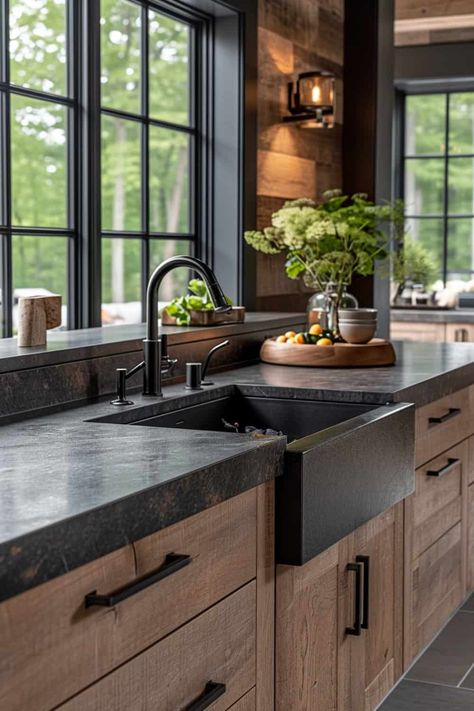 13 Black Granite Countertop Ideas That Will Change The Way You See Your Kitchen Forever! | DIY Vibes Closed Kitchen And Dining Room, Black Counter Wood Cabinets Kitchen, Elegant Country Kitchen, Organic Modern Terracotta, Reclaimed Wood Cabinets Kitchen, Countertops For Black Cabinets, Natural Earthy Kitchen Decor, Black Barndominium With Wood Accents, Wood Cabinets With Dark Countertops