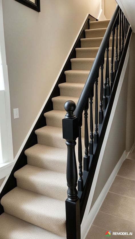 Carpeted Stairs With Black Railing, Black Railing Stairs With Carpet, Black And White Carpet Stairs, Black And White Staircase With Runner, Dulux Egyptian Cotton Hallway, Black Bannister Ideas, Black And White Stair Railing, Black And Beige Hallway, Black Skirting Boards